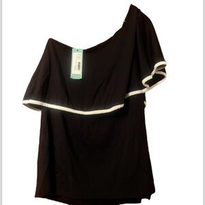 Stitch Fit montagne baraga Sz M one shoulder ruffle knit top black white trim